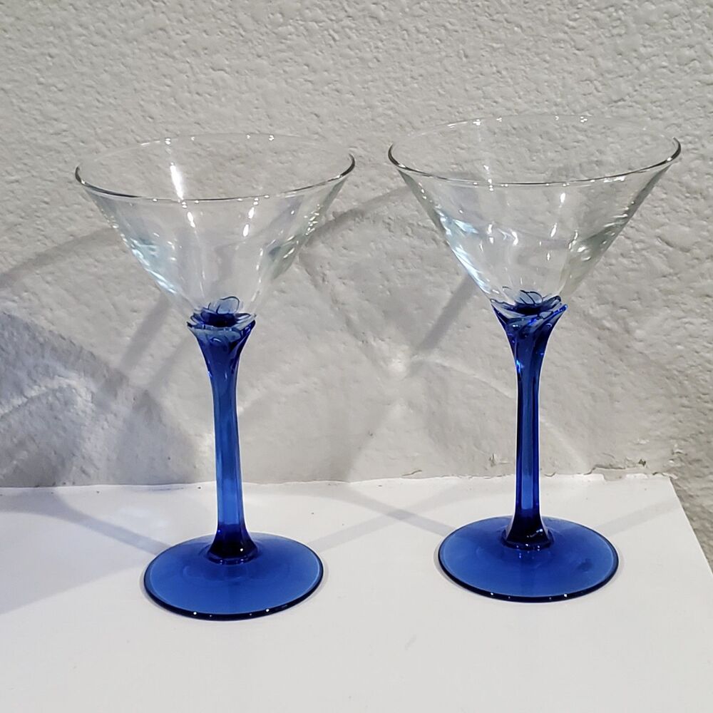 Libbey Domaine Blue Clear Martini Glass W/ Cobalt Blue Stems Set of 2